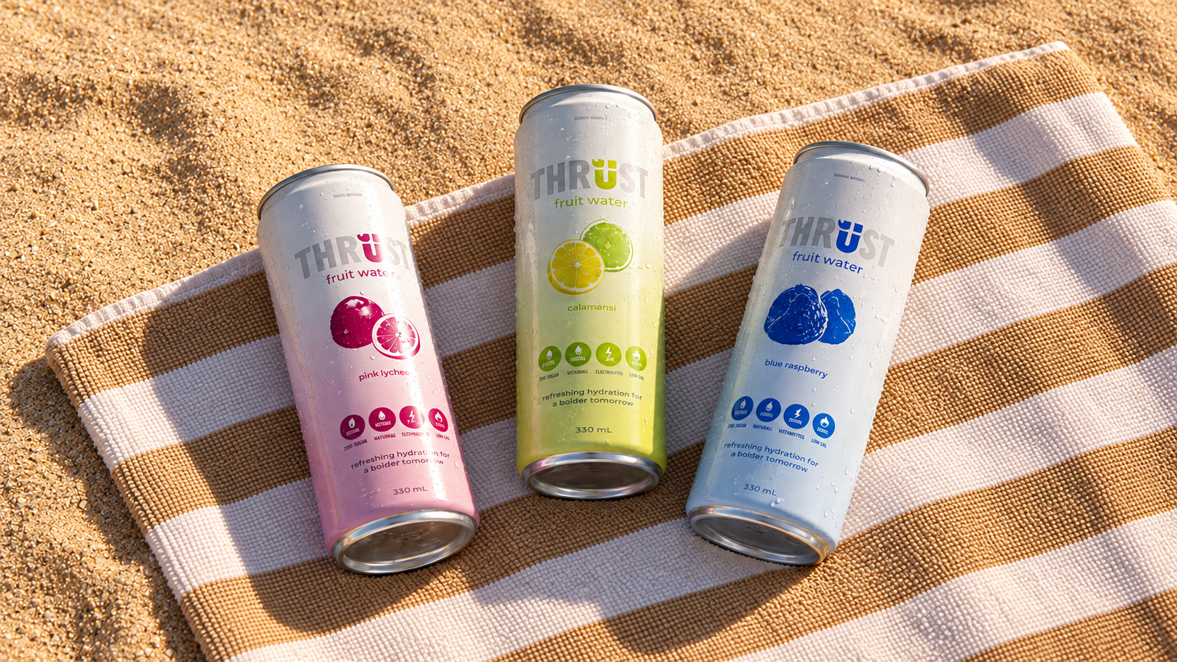 Three Thrust fruit water flavors photographed on a beach mat